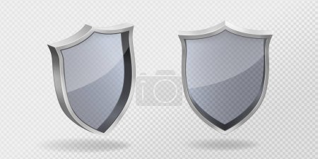 Illustration for Realistic set of glass shields in metal frame front and side view isolated on transparent background. Vector illustration of protection sign png, symbol of antivirus, cyber and data security sign - Royalty Free Image