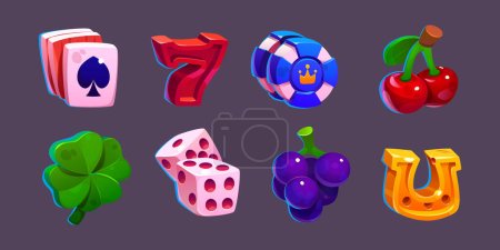 Illustration for Set cartoon of casino poker game. Slot machine icon design with fruit and lucky symbol in vector. Ui element for jackpot in gambling. Vegas asset collection with clover, dices, cherry and horseshoe. - Royalty Free Image
