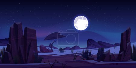 Illustration for Wild Arizona night desert landscape with rock and full moon cartoon vector background. Dark American valley illustration with moonlight and cactus. Outdoor drought savannah nature horizon for game. - Royalty Free Image