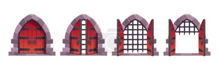 Medieval puertas del castillo abierto animación vector activo de dibujos animados. Set de antigua puerta de entrada de madera a mazmorra con arco de piedra. Portal de juego de fantasía. Entrada pesada y aislada a la fortificación sobre fondo blanco