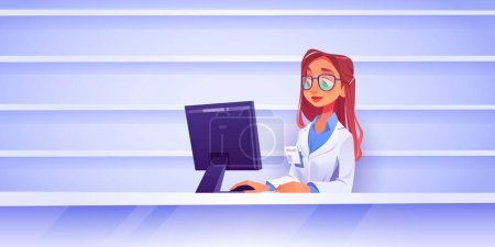 Illustration for Female nurse hospital receptionist sitting at table background vector. Cartoon illustration with beautiful female doctor character on reception in medical clinic in uniform with badge. - Royalty Free Image
