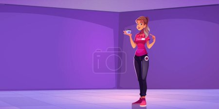 Illustration for Woman hold cream in hand in empty purple room cartoon vector background. Girl show cosmetics for face. Shop spa scrub with model advertising banner. Dermatology moisturizer treatment for body. - Royalty Free Image