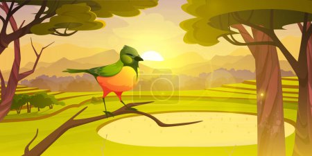 Ilustración de Sunrise in forest with green bird on branch vector illustration. Cartoon morning forest background with sun light and rice plantation. Sunny asian green hill landscape with mountain silhouette. - Imagen libre de derechos