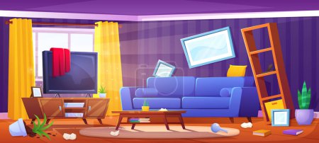 Téléchargez les illustrations : Messy living room interior design. Vector cartoon illustration of disorder at home with clothes and garbage scattered over floor, couch and tv, broken flower pot, pictures on wall, books on floor - en licence libre de droit