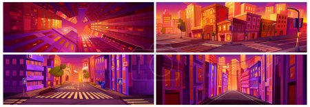 Photo for Cartoon city sunset vibrant game background vector set. Vibrant cityscape view with skyscraper and residential building. Bright urban town panorama perspective view with nobody in evening. - Royalty Free Image