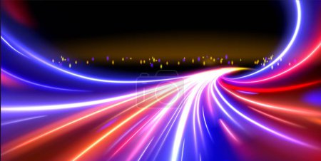 Langzeitbelichtungsvektoreffekt auf die Stadtlandschaft. Auto leuchtet Geschwindigkeit Bewegung helle Farbspur auf Straße Vektor Hintergrund. Dynamisches Neonlicht aus dem Stadtverkehr in der Abendillustration.