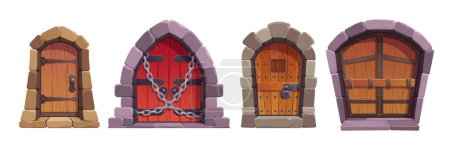 Ilustración de Cartoon set of medieval castle or dungeon doors isolated on white background. Vector illustration of old wooden gates with stone arch, iron chain and handles. Ancient prison, house, church entrance - Imagen libre de derechos