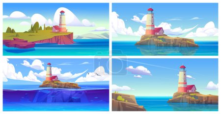 Ilustración de Cartoon set of seascape scenes with lighthouse on island. Vector illustration of nautical tower building on piece of rocky land with green trees and lawn under blue sky, white clouds, birds flying - Imagen libre de derechos