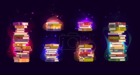 Illustration for Set of magic spell book stacks glowing on dark background. Vector cartoon illustration of witchcraft literature piles with spooky sparkles flying around. Ancient source of knowledge. Reading hobby - Royalty Free Image