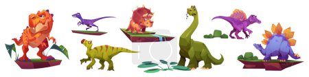 Ilustración de Cartoon dinosaur isolated vector character set. Prehistoric triceratops, stegosaurus and tyrannosaurus jurassic lovely clipart collection. Big adorable dino beast game design for kindergarten mascot. - Imagen libre de derechos