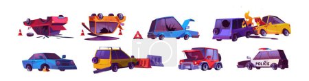 Illustration for Car crash cartoon scene set. Vehicle accident, riots and disturbances icon. Insurance for damage auto and collision crush collection. Police automobile clipart illustration. Smash and fire incident. - Royalty Free Image