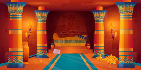 Tumba de faraón egipcio dentro. Antigua pirámide o palacio con sarcófago y tesoro de pilas de monedas de oro. Antiguo Egipto templo interior con la tumba de momia, ilustración de dibujos animados vector