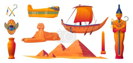Illustration for Egypt temple, pharaoh and sarcophagus cartoon vector set, scarab, sarcophagus, boat. Ancient egyptian travel icon collection, landmark isolated on white. Tourist object to create history infographic. - Royalty Free Image
