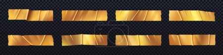 Illustration for Realistic set of golden adhesive tape pieces isolated on transparent background. Vector illustration of shiny yellow sticky stripes with uneven edges and wrinkled surface. Foil or paper scotch masking - Royalty Free Image