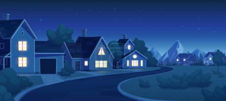 Illustration for Empty suburban street with house at night landscape. Neighborhood residential house illustration dark background. Home in small town with stars in sky. Road through village and building in evening. - Royalty Free Image
