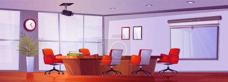 Cartoon boardroom interior design. Vector illustration of company office with furniture for corporate meeting or presentation. Wooden table with chairs, whiteboard on wall, projector on ceiling