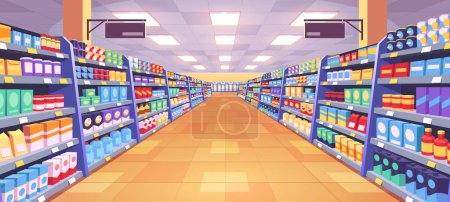 Aisle in grocery store and shelves with food vector background. Supermarket interior background perspective view. Merchandise in hypermarket with display shelf full of products to buy.