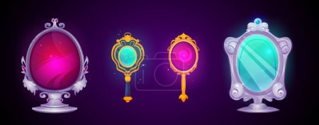 Illustration for Vintage magic mirror with frame cartoon game illustration. Vector ui princess or witch object for fantasy or fairytale medieval interface. Antique decorative oval asset isolated on dark background. - Royalty Free Image