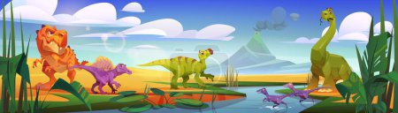 Illustration for Cartoon dinosaurs drinking water from river on sunny day. Vector cartoon illustration of ancient Jurassic era animals on tropical landscape with volcano eruption. Prehistoric adventure game background - Royalty Free Image