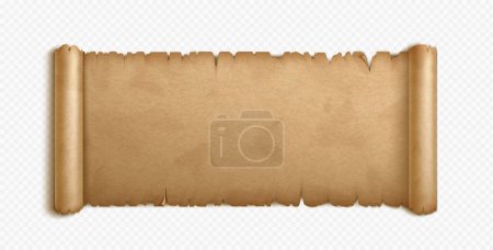 Téléchargez les illustrations : Vieux papier ou parchemin. Texture papyrus ancienne. manuscrit antique vide avec bords roulés isolés sur fond transparent, illustration vectorielle réaliste - en licence libre de droit