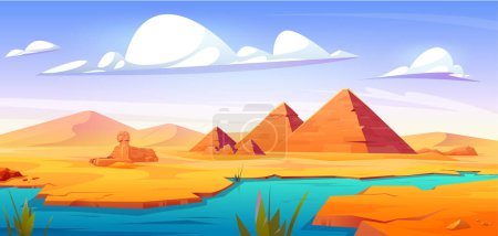 Ilustración de Desierto egipcio con pirámides antiguas y esfinge antigua estatua en la orilla del río Nilo. Dibujos animados vectoriales ilustración del paisaje del valle de arena con dunas, agua azul, tumbas de faraón y horizonte de la mañana - Imagen libre de derechos