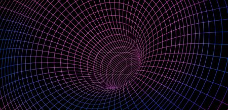Illustration for Color wireframe wormhole on black, 3d funnel or portal. Graphic illusion of grid hole, line warp, abstract geometric mesh vector illustration on dark background - Royalty Free Image
