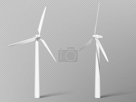 Illustration for 3d wind power generator turbine icon in vector on transparent background. Set of white windmill for renewable clean energy production. Aerogenerator islated illustration with realistic air propeller. - Royalty Free Image