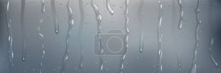 Téléchargez les illustrations : Douche de pluie réaliste tombe en arrière-plan vectoriel. Débit d'eau 3d sur le motif de verre de fenêtre. Ruisseau de pluie sur modèle d'illustration d'effet de surface imperméable. Stries d'humidité fond aqua clair. - en licence libre de droit