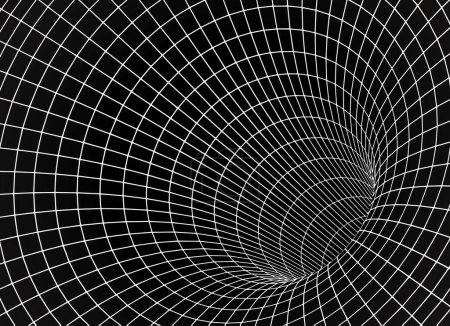 Illustration for White wireframe wormhole on black, 3d funnel or portal. Graphic illusion of grid hole, line warp, abstract geometric mesh vector illustration on dark background - Royalty Free Image