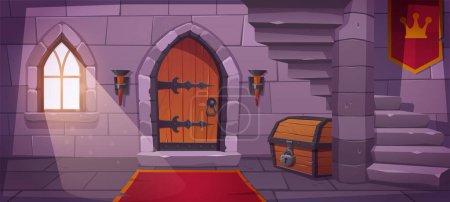 Illustration for Underground dungeon in castle basement with old wooden door. Vector cartoon illustration of day time medieval palace cellar with antique treasure chest in hallway, stone stairs, prison cell entrance - Royalty Free Image