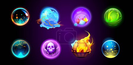 Cartoon set of magic fortune telling crystal balls on dark background. Vector illustration of neon color witchcraft energy spheres with lightning, meteor shower, gemstones, skull, fire, stars inside