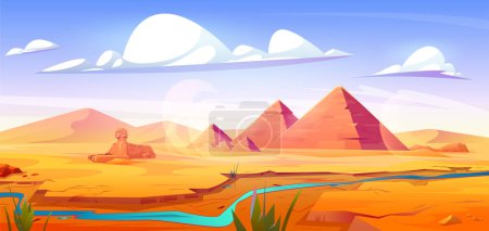 Illustration for Drought in Egyptian desert with ancient pyramids and antique sphinx statue on bank of almost dry river. Vector cartoon illustration of sandy valley landscape with dunes, pharaoh tombs. Global warming - Royalty Free Image
