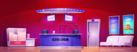 Illustration for Cinema interior with popcorn machine and ticker counter cartoon background. Entrance door in red wall near armchair and posters. Pop corn maker to buy in theater hall. Lounge indoor furniture design. - Royalty Free Image