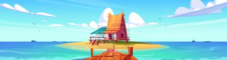 Illustration for Tropical hut on beach island with pier cartoon landscape. Bungalow house sea paradise for exotic vacation. Wooden cabin on hawaii background. Adventure on private building with terrace, fishing house - Royalty Free Image
