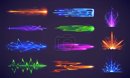 Cartoon set of colorful laser gun and explosion effects isolated on background. Vector illustration of neon lightning, electric power discharge, fire flame, blaster shot effect. Future fantasy weapons