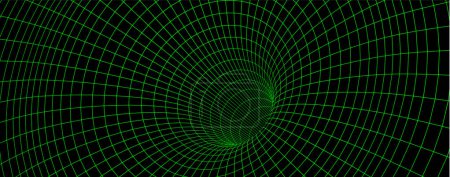 Illustration for Green wireframe wormhole on black, 3d funnel or portal. Graphic illusion of grid hole, line warp, abstract geometric mesh vector illustration on dark background - Royalty Free Image