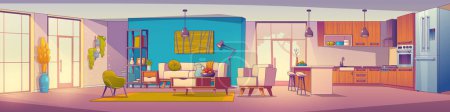 Illustration for Scandinavian studio apartment design. Vector cartoon illustration of contemporary home open area with kitchen and living room with large windows, cozy couch, armchairs, lamps, carpet on floor, vases - Royalty Free Image