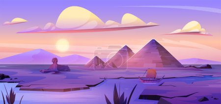 Illustration for Egyptian pyramids and Nile river. Desert landscape with ancient pharaoh tombs, sphinx statue and river with boat in Egypt at sunset, vector cartoon illustration - Royalty Free Image