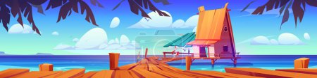 Illustration for Vector house on stilt tropical sea landscape. Wooden hut with private pier cartoon background with palm tree leaves. Paradise in small hawaii bungalow vacation. Summer sky and rock ocean view scene. - Royalty Free Image