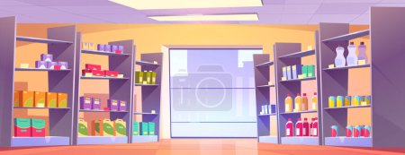 Ilustración de Pasillo de supermercado de dibujos animados con ventana grande. Ilustración vectorial de estantes llenos de cajas de cartón de colores y paquetes de alimentos, botellas con bebidas, lámparas en el techo. Departamento de tienda de comestibles - Imagen libre de derechos