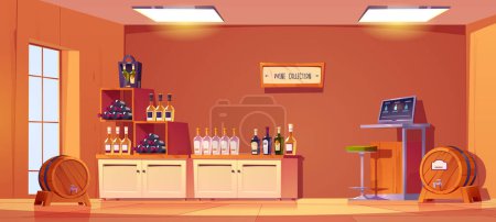 Illustration for Cartoon wine shop interior design. Vector illustration of shopping mall department with alcohol bottles on shelves, vintage wooden barrels with taps, stool, cash register with computer screen on table - Royalty Free Image