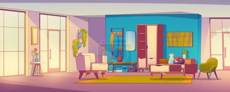 Moderne Inneneinrichtung für den Hausflur. Vector Cartoon Illustration des skandinavischen Hausflurs und Wohnzimmers mit gemütlichen Sesseln, Obst auf dem Tisch, Spiegel und Kleiderbügel an der Wand, großes Fenster