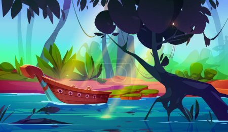 Illustration for Jungle forest landscape with river and boat on water. Summer woods scenery with lake or pond, wooden boat, green grass, trees and lianas, vector cartoon illustration - Royalty Free Image
