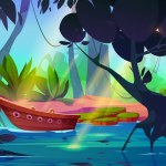 Jungle forest landscape with river and boat on water. Summer woods scenery with lake or pond, wooden boat, green grass, trees and lianas, vector cartoon illustration