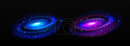 Realistische neonblaue Kreisbewegungen im Weltraum isoliert auf transparentem Hintergrund. Abstraktes Schwarzes Loch in der kosmischen Galaxie mit Sternen, die hell am Nachthimmel leuchten. Unendlichkeitsportal mit Nebelwirkung