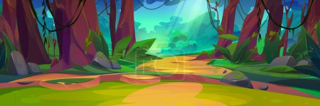 Sommer-Dschungel-Waldlandschaft mit magischen Sonnenstrahlen. Geheimnisvolle wilde Vektorillustration mit Sonnenlicht, Liane auf Bäumen und Lichtung. Tropische Wiese mit Felsen auf dem Boden und grünen Pflanzen