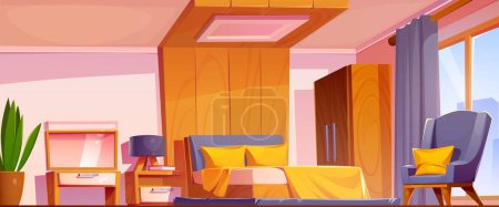 Illustration for Bedroom interior vector cartoon background. Empty hotel apartment with bed, makeup table, mirror and armchair near big window. Yellow anf gray design with wood texture decor platform. - Royalty Free Image