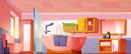 Téléchargez les illustrations : Cartoon salle de bain design intérieur. Illustration vectorielle de salle blanche avec baignoire, WC, douche avec paroi en verre, lavabo, miroir sur mur, serviettes sur étagère, flacon de savon pour l'hygiène personnelle. Maison confortable - en licence libre de droit