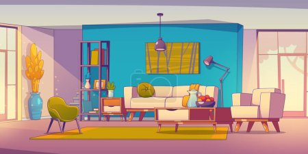 Ilustración de Interior del hogar con muebles de salón, puerta, ventana y escaleras. Moderno diseño escandinavo apartamento con sofá, sillas, estantes, mesa de centro y alfombra, ilustración vectorial en estilo contemporáneo - Imagen libre de derechos