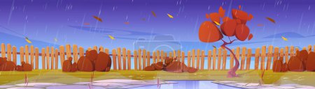 Ilustración de Jardín de otoño con valla de madera, ilustración del vector meteorológico lluvioso. Patio trasero de caída vacío con suelo pavimentado de piedra y arbusto, hojas voladoras. Exterior del campo con zona de pasarela, charco - Imagen libre de derechos